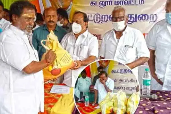 Minister CV Ganesan provides pongal gift bag to people 