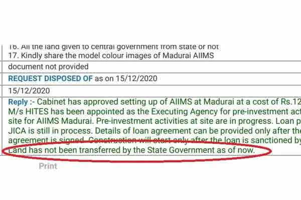 Land has not be transferred by state government for AIIMS madurai 