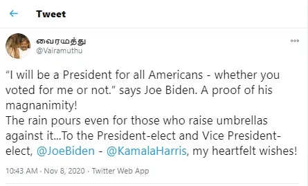 us election 2020 joe biden and kamala harris kavignar vairamuthu tweet