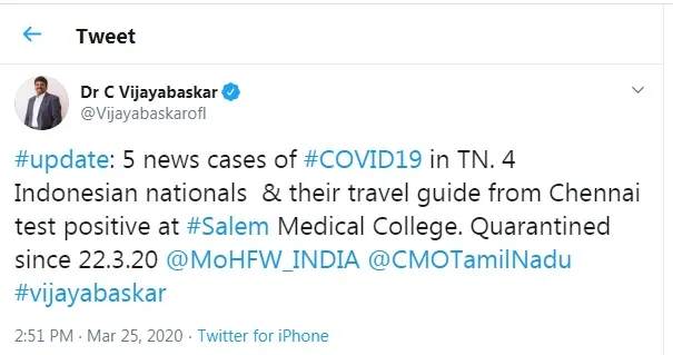 tamilnadu coronavirus minister vijaya baskar tweet 