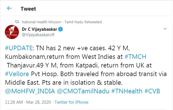 tamilnadu corona case increase 40 health minister 