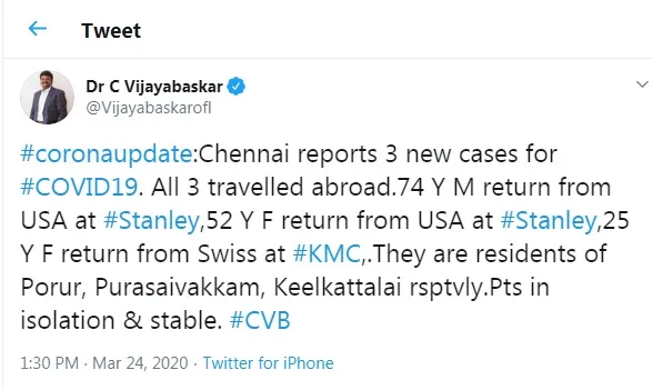 tamilnadu coronavirus minister vijayabaskar tweet 