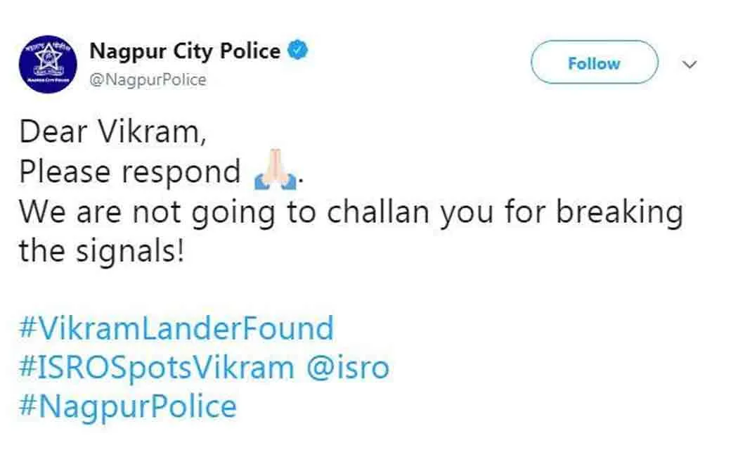 nagpur police tweet to vikram lander