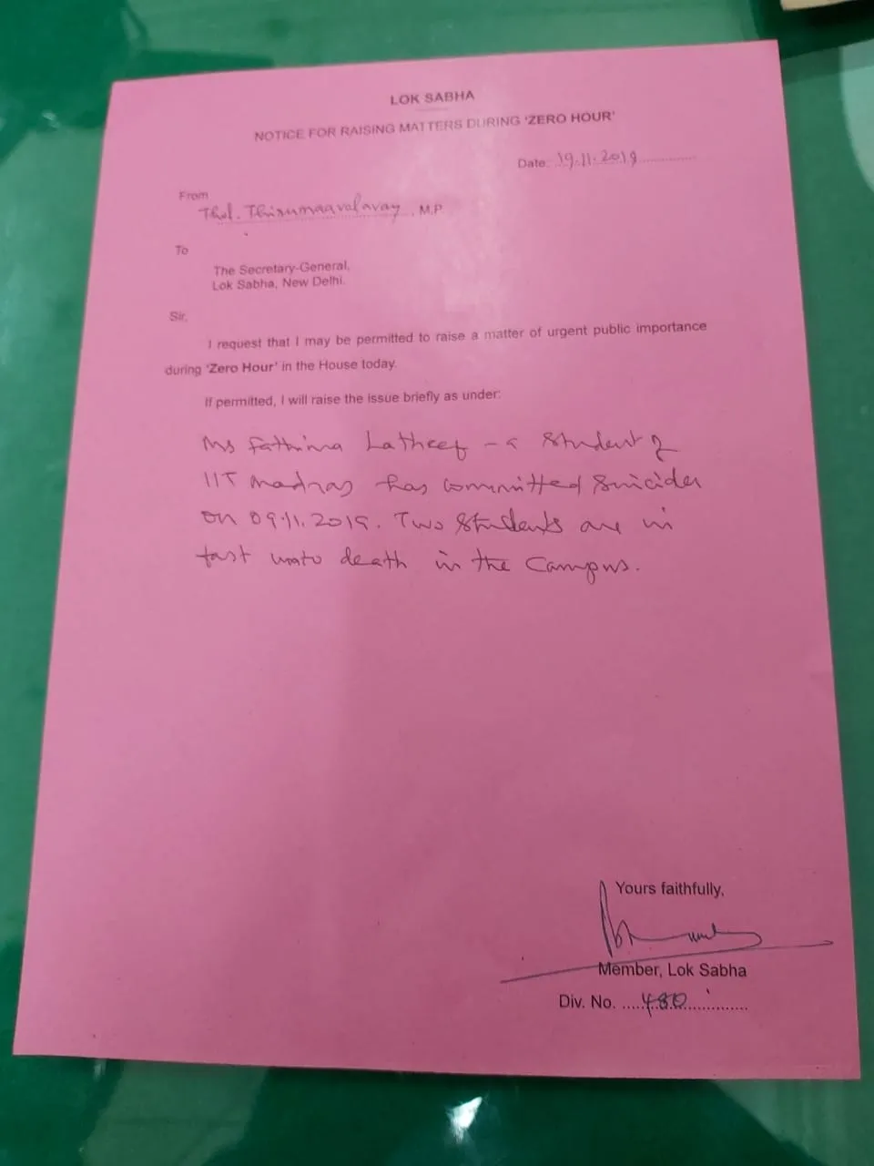 chennai iit students incident lok sabha mp thirumavalavan write letter for secretary 