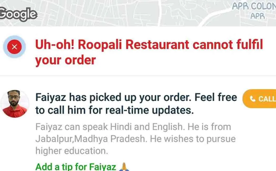 man cancelled his food order in zomato because of a non hindu person delivering that food