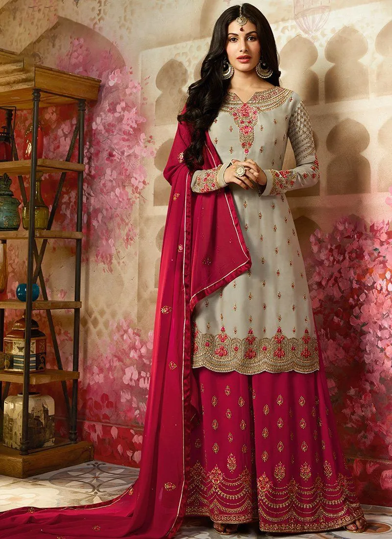 Light Grey and Pink Embroidered Sharara Suit 