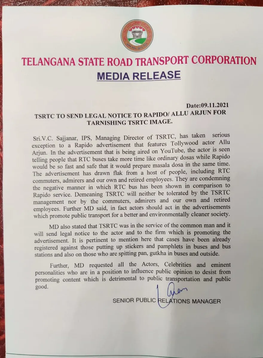 TSRTC to send legal notice to Allu Arjun - TeluguBulletin.com