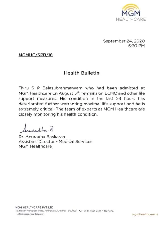 SP Balasubrahmanyam Health Update