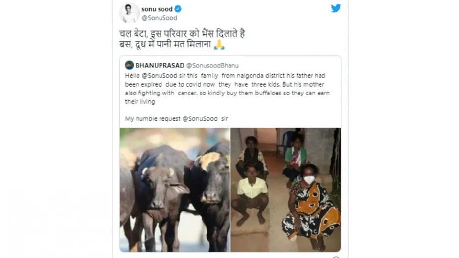 Sonu Sood providing buffalo to the needy family with this condition