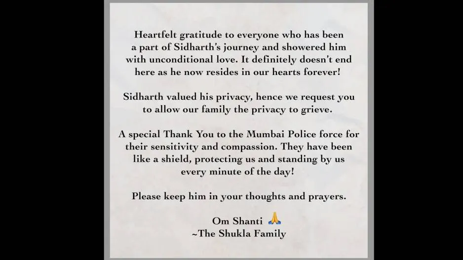 Sidharth Shukla's Family Statement