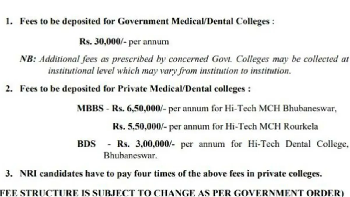 Fee structure In Odisha in 2021