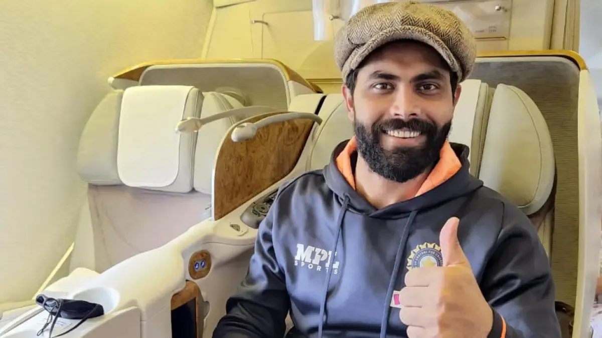 Team India all-rounder Ravindra Jadeja seen on the Emirates flight to the UK