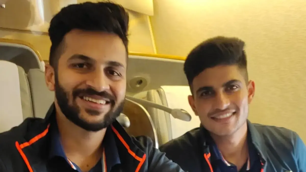 All-rounder Shardul Thakur (left) seen with opener Shubman Gill on the Emirate flight to UK.