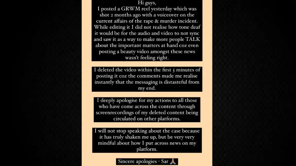 Apology note shared on Instagram story