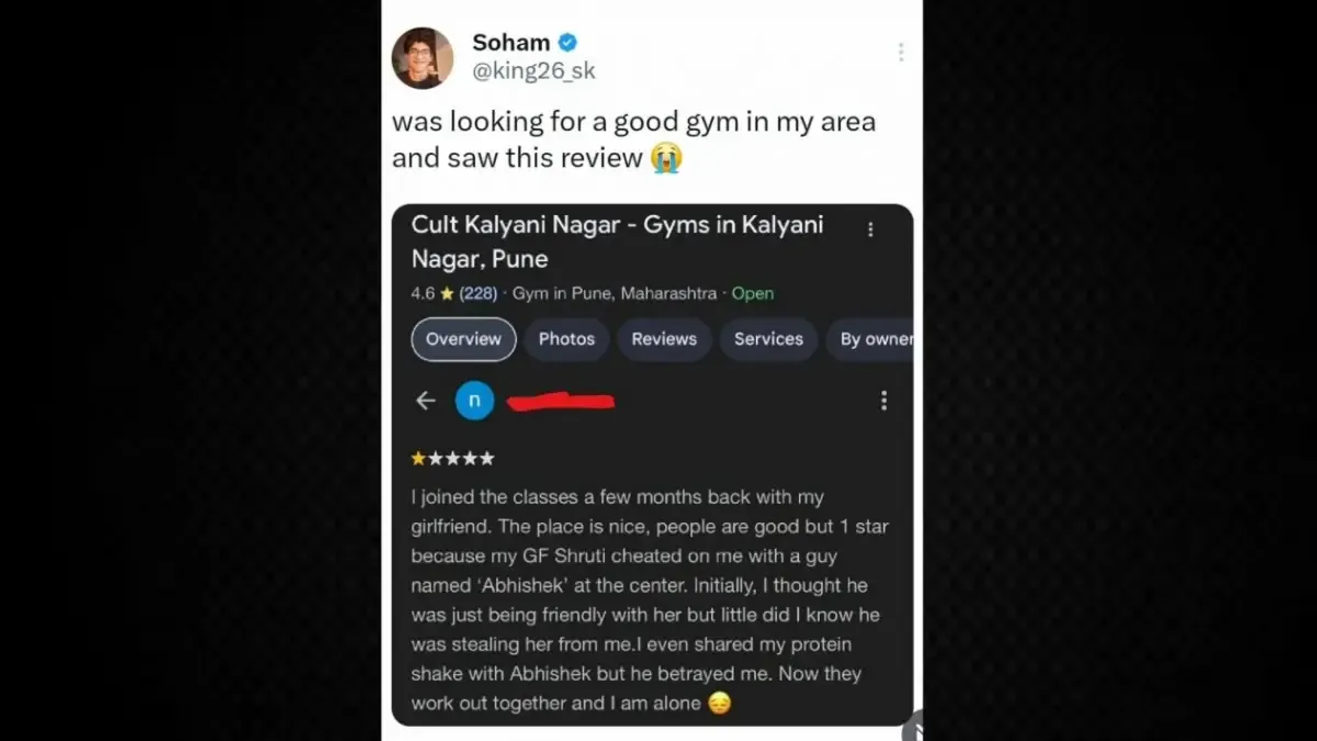 Youth's girlfriend gets 'stolen' at the gym by another guy, gives 1 star in review post though calls