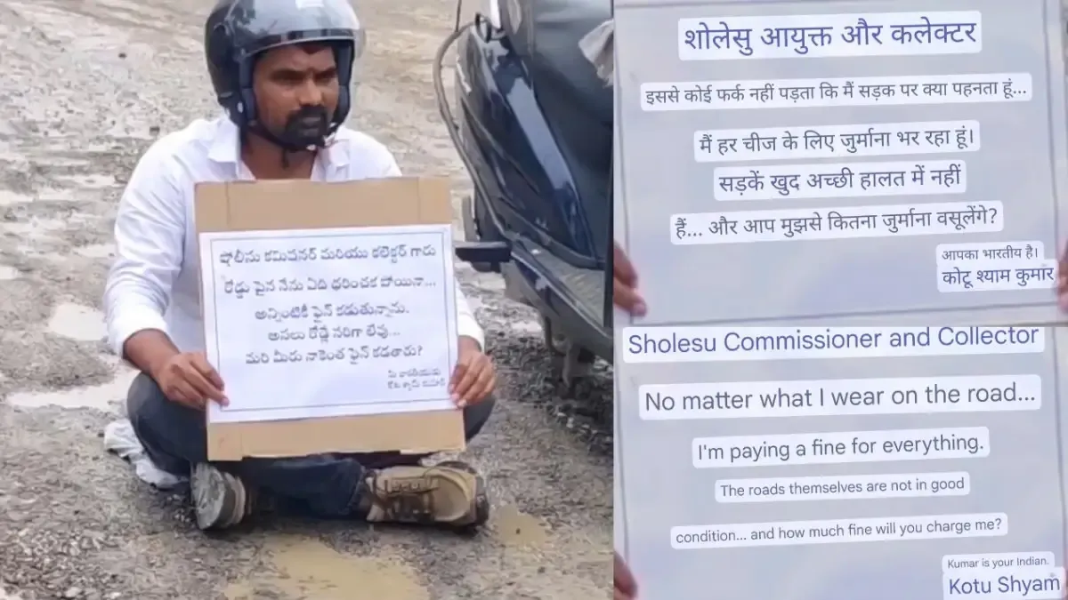Telangana youth stages unique protest on mid-road over potholes, watch