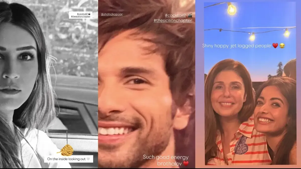 Kriti Sanon, Shahid Kapoor and Rashmika Mandanna from the sets of Cocktail 2