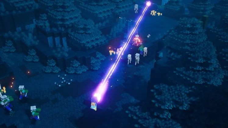 A screenshot from Minecraft Dungeons, showing a player firing a corrupted beacon at some mobs.