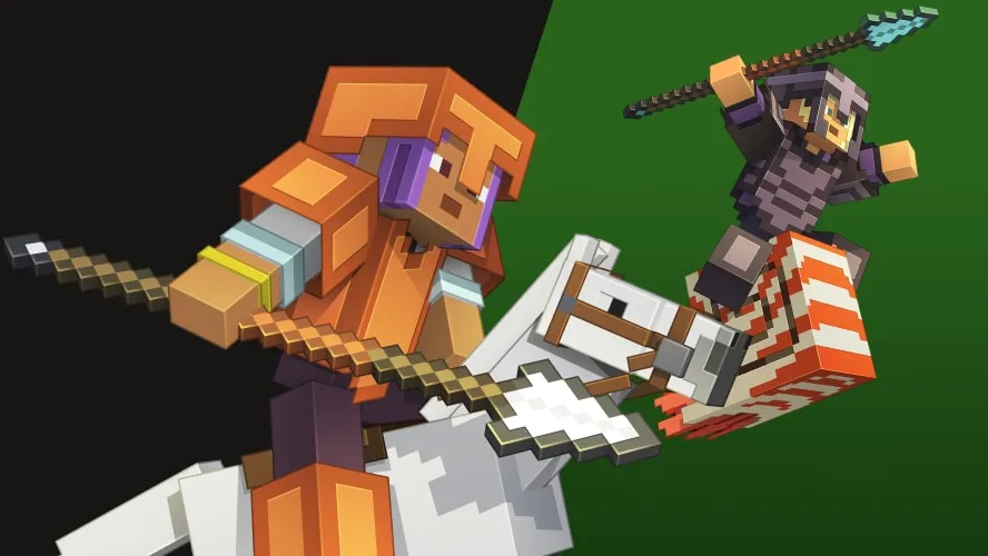 Two armored Minecraft characters attack with spears, one charging on a horse and another leaping into battle.