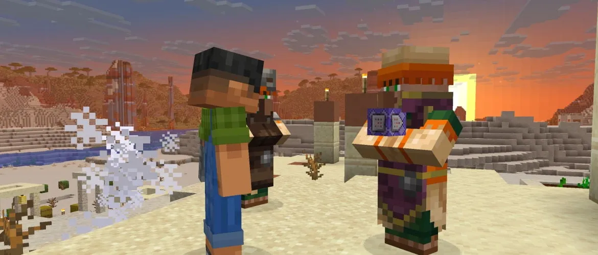 Sunny is trading with a Villager in a Desert Village at sunset. The Villager is holding a Repeating Command Block, presumably set up using data-driven trades.