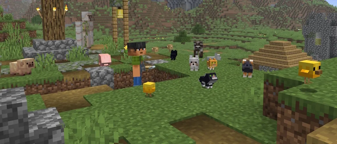 Sunny is standing in a village holding a name tag, surrounded by baby chickens, cats, wolves, pigs and cows.