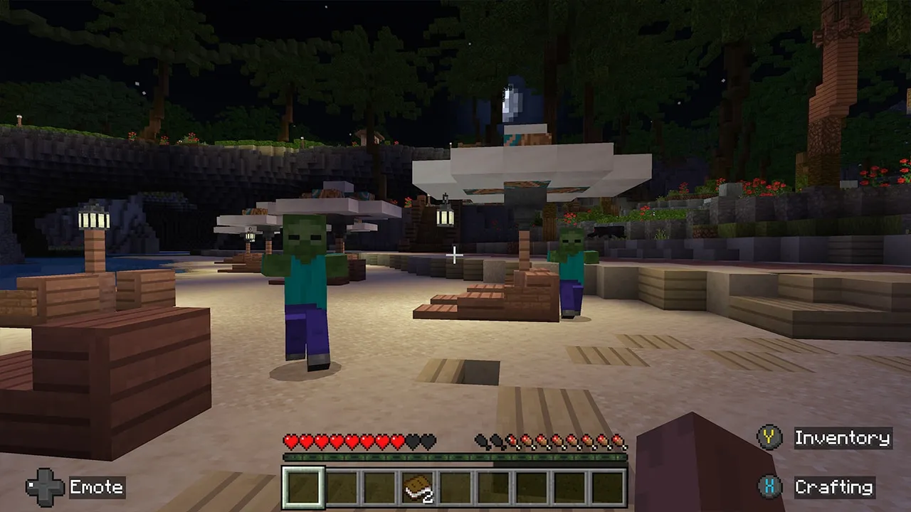 Zombies walk across a nighttime beach with umbrellas lanterns and wooden platforms