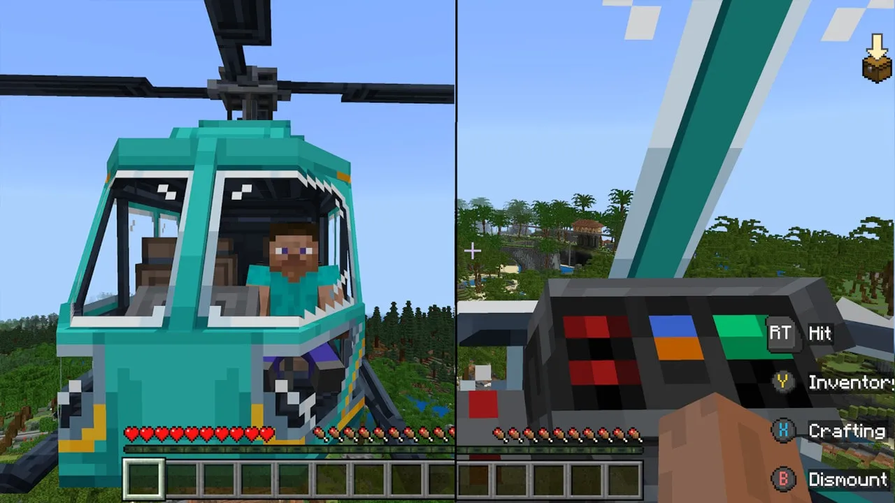 Split view shows a character riding in a helicopter and the control panel in flight