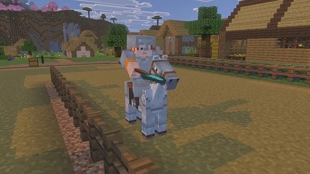 An armored Minecraft character rides a horse down a village lane while aiming a spear.