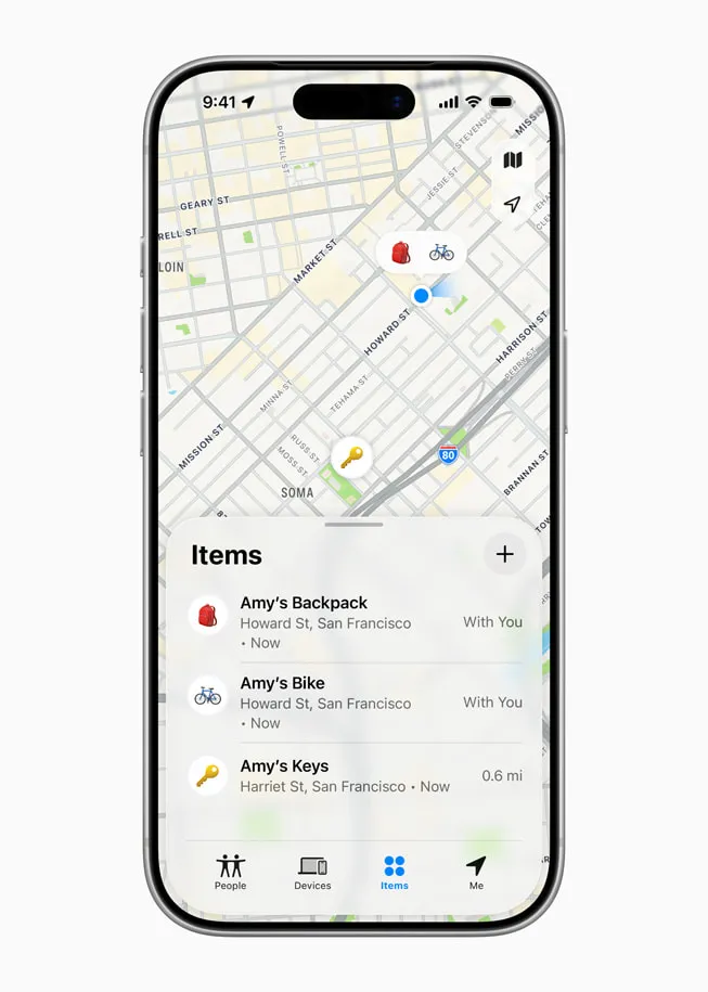 iPhone 17 Pro shows a list of a user’s items alongside a map.