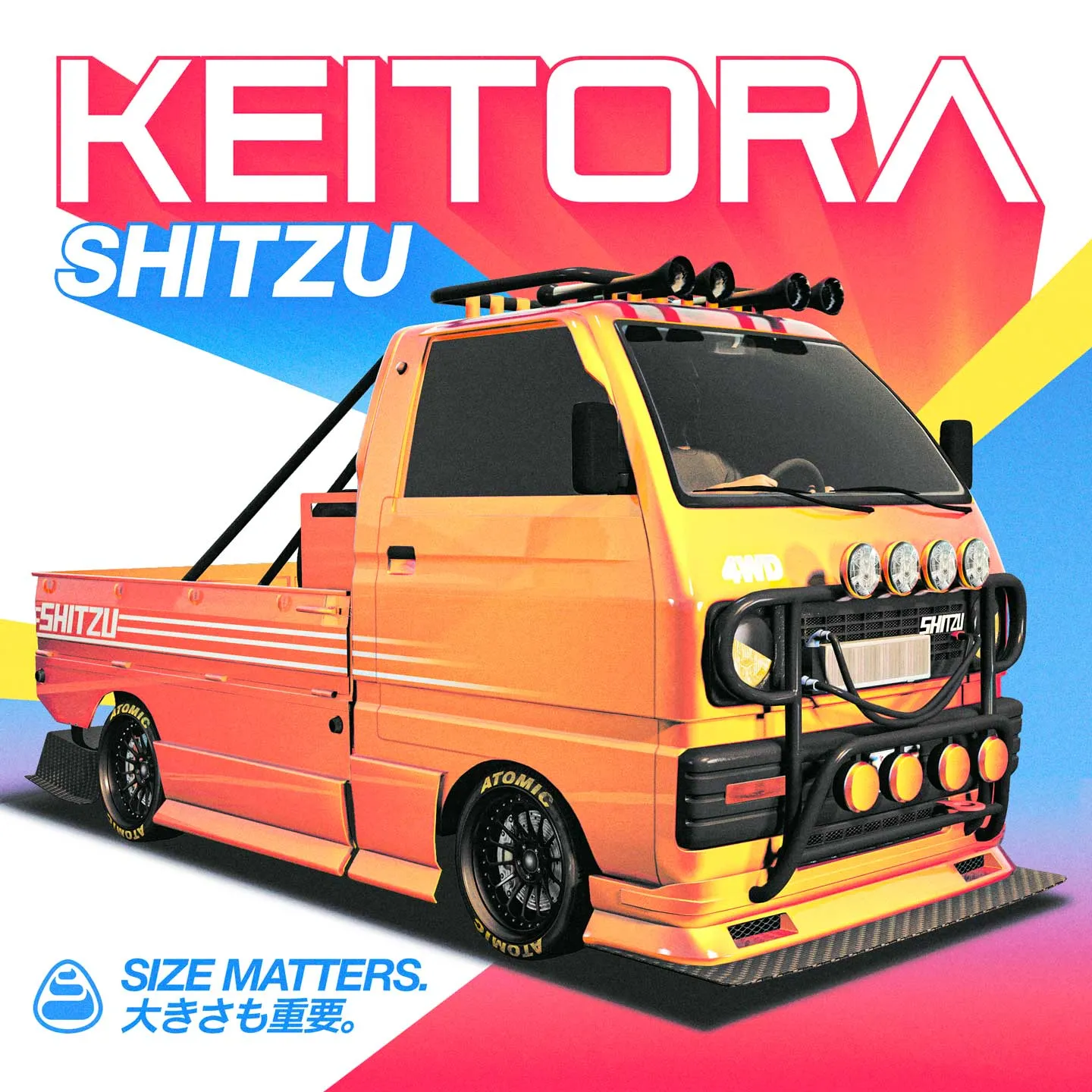 Poster for the small orange, two-door Shitzu Keitora with a low open-top trunk. Text reads, &ldquo;Size Matters.&rdquo;