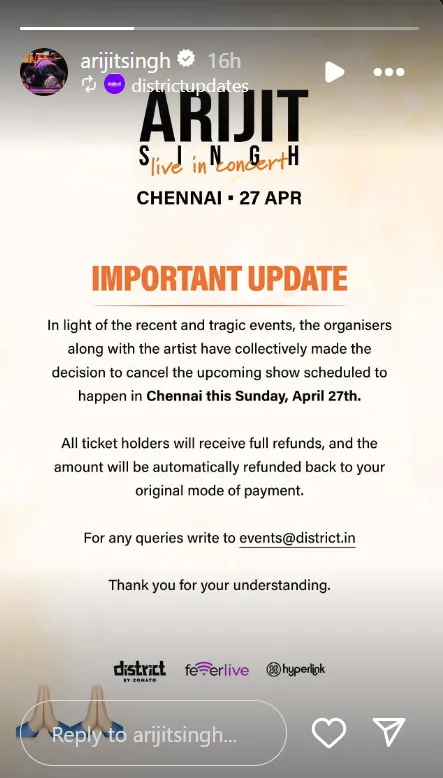 Singer Arijit Singh cancelled his Chennai concert