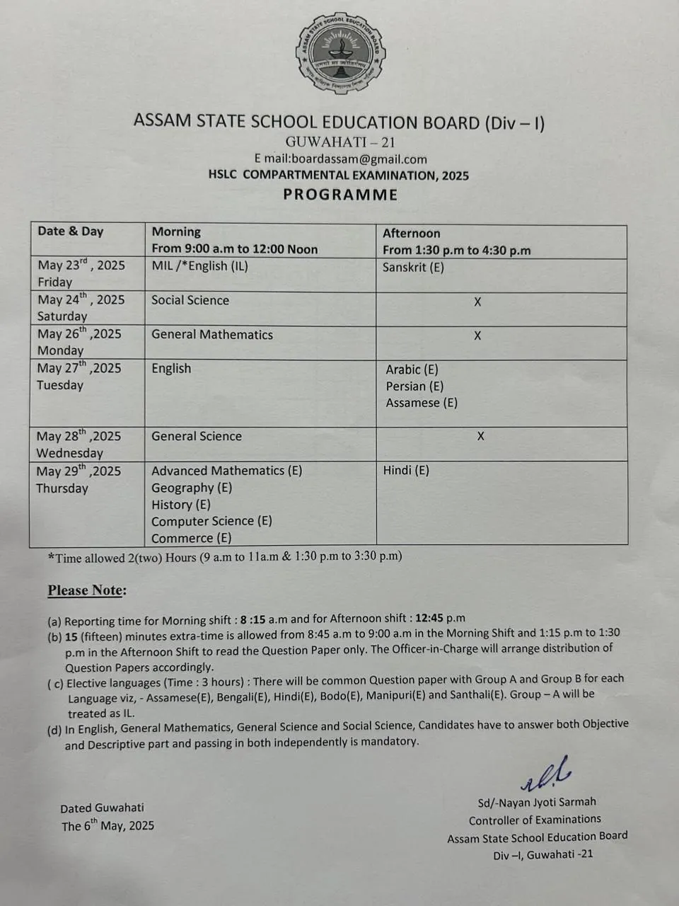 Official Examination Notice