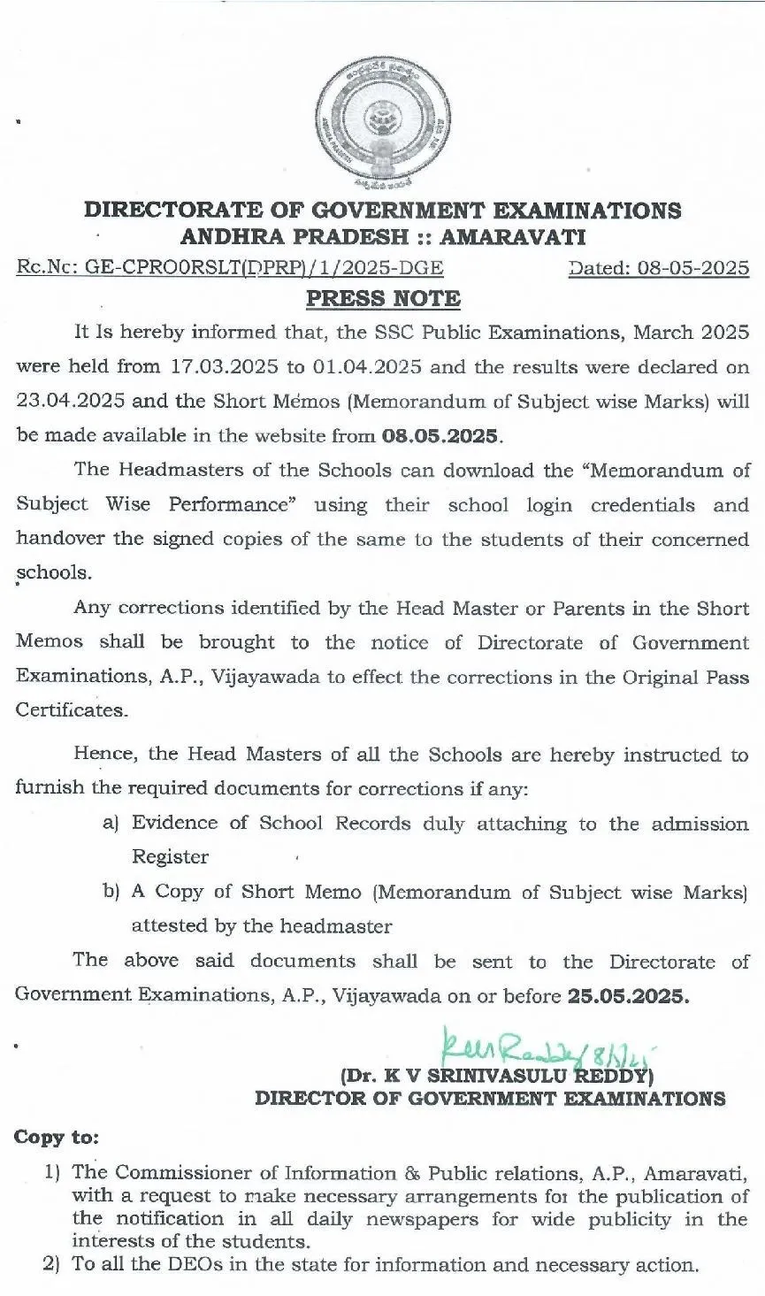 AP Tenth Marks Memos released.