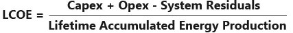 CAPEX, OPEX, system residuals and lifetime accumulated energy production