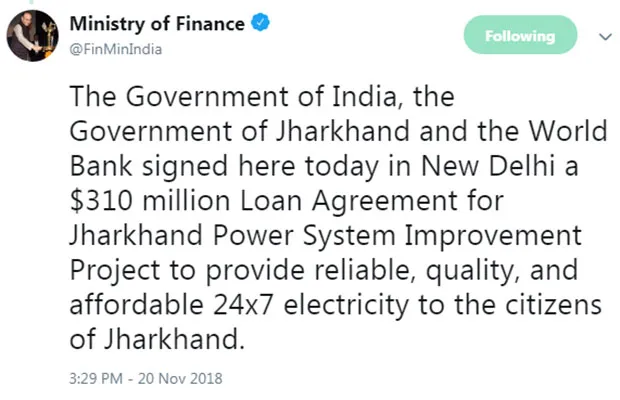 World Bank signs agreement with Jharkhand and Central government for a $310 million loan