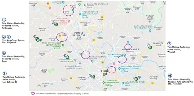The locations of the public charging infrastructure which will now be available for consumers in Pune
