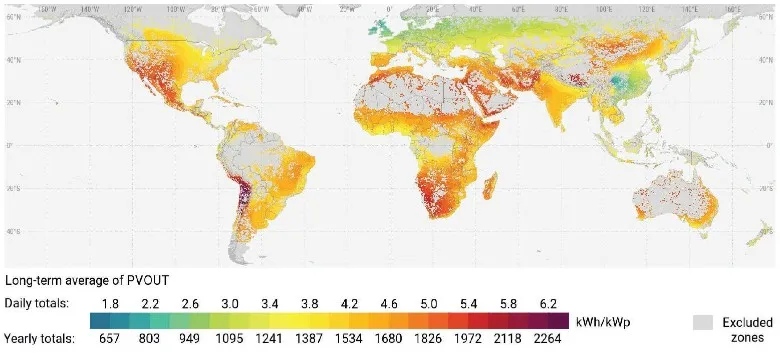 Source: World Bank - Global map showing practical solar energy potential after excluding physical, environmental and other factors
