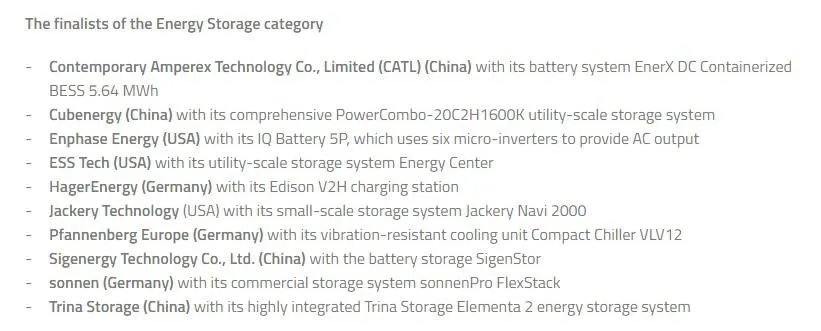 The finalists of Energy Storage category