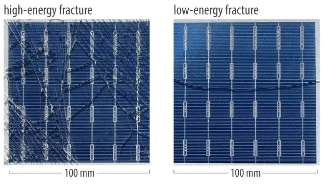 A 2-mm fully tempered glass can break with a high-energy fracture pattern (left) or a low-energy fracture pattern (right)