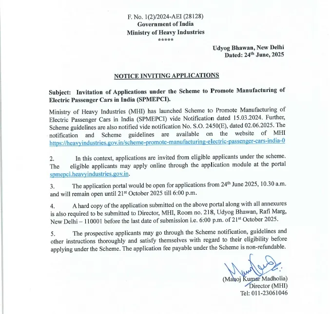 Notice Inviting Applications - Scheme to Promote Manufacturing of Electric Passenger Cars in India (SPMPCI)