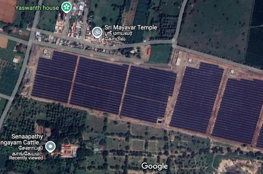 A Google Maps screenshot showing the solar park, bordered by Nallapuram Colony on one side and the Senaapathy Kangeyam Cattle Research Foundation on the other.