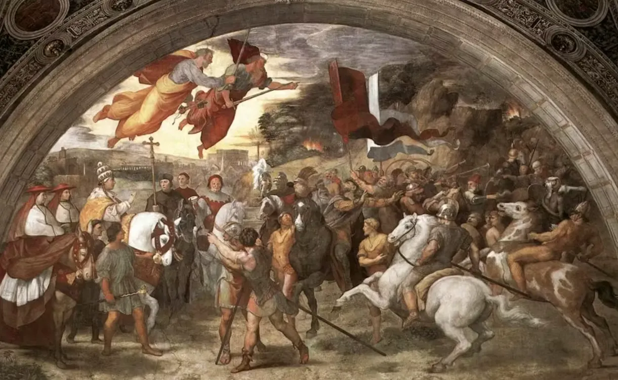 Raphael’s The Meeting between Leo the Great and Attila, painted in 1514, depicts Leo, escorted by Saint Peter and Saint Paul, meeting with the Hun king outside Rome. Wikimedia Commons