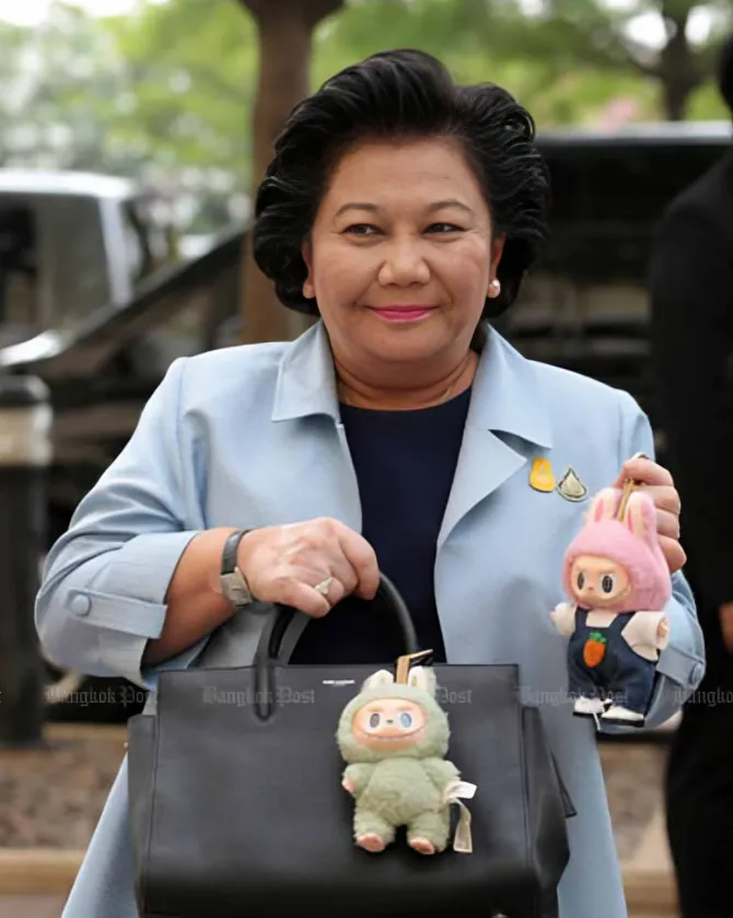 Thai Prime Minister’s Office Minister Puangpet Chunlaiad shows her Labubu dolls at Government House on Tuesday morning. (Photo Credit: Chanat Katanyu for Bangkok Post)