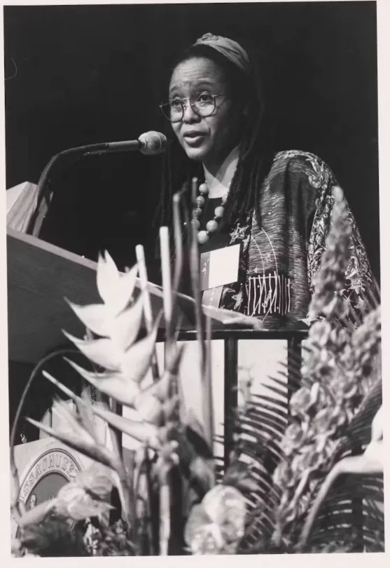 velynn Hammonds at the podium, 1994. Courtesy MIT Museum.
