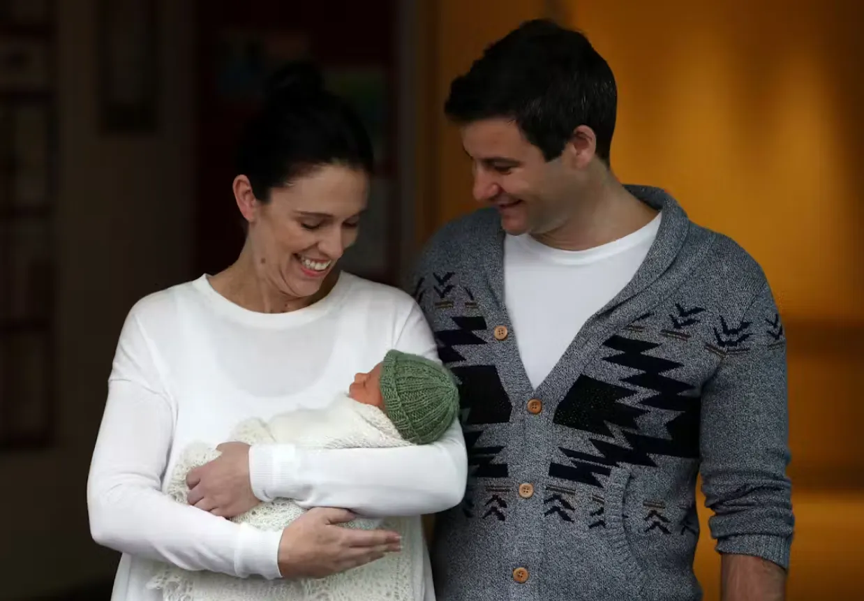 Power and parenthood: Jacinda Ardern with her partner Clarke Gayford and their baby daughter, 2018. Getty Images