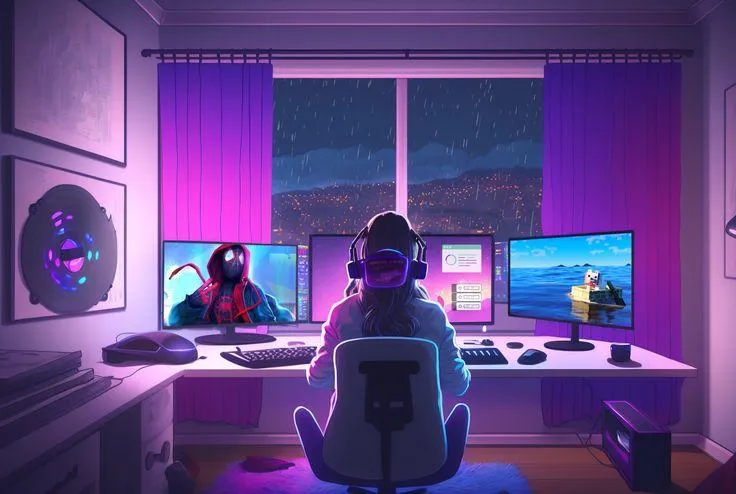 This may contain: a person sitting at a desk in front of two computer monitors with headphones on
