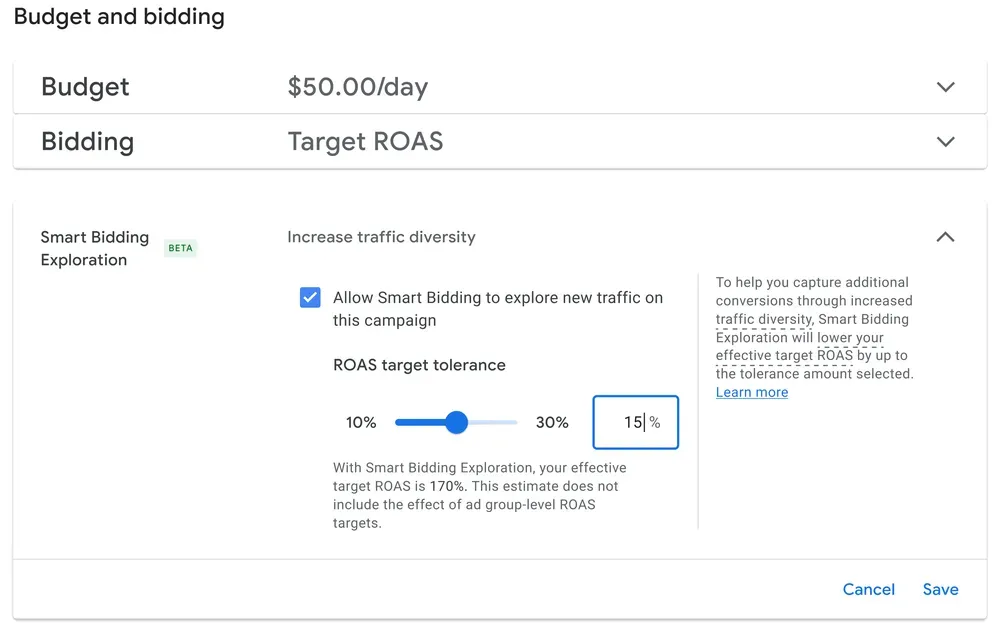 Smart Bidding Exploration interface in Google Ads UI