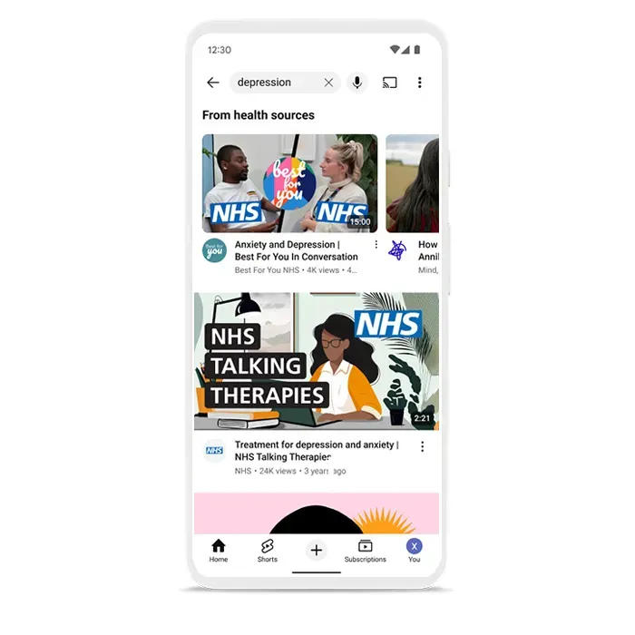 UK example of YouTube's mental health resources for teens on mobile device