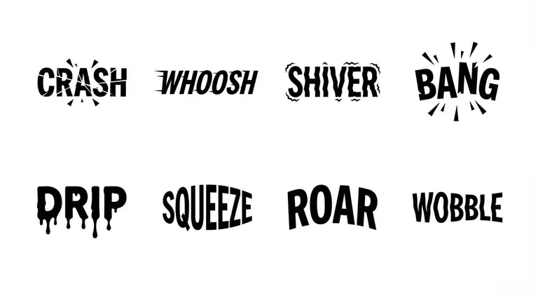 Crash, whoosh, shiver, bang, drip, squeeze, roar, wobble in stylized fonts