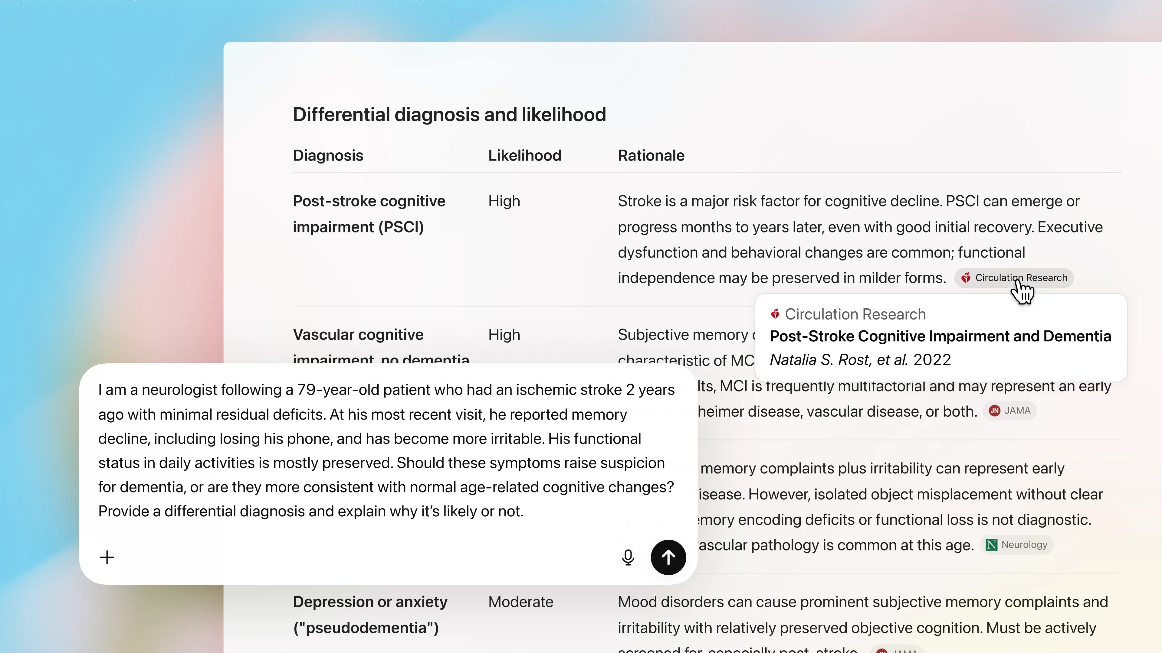 Clinical reasoning interface showing a differential diagnosis table with likelihoods and cited sources alongside a neurologist’s patient query about post-stroke cognitive decline.